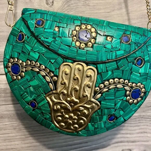 NWOT, RAMLA Clutch Moroccan Purse Mosaic turquoise green Hamsa Hand. Boho Chic - Picture 2 of 15